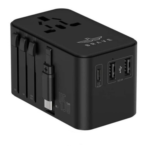 محول السفر العالمي بريف GaN3 شاحن سريع متعدد المنافذ 45وات Brave Universal Travel Adapter, GaN3 Fast Charger 45W with Type-C – Black
