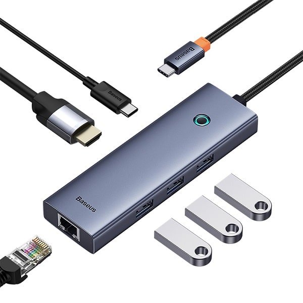 H327bad1a269240ed962c7e3811126069R.jpg محول بيسوس UltraJoy محول 6 في 1 USB-C مع منفذ HDMI، 3×3.0USB، شبكة LAN، شحن 100وات Baseus UltraJoy Series Docking Station 6-in-1 USB-C Hub Adapter