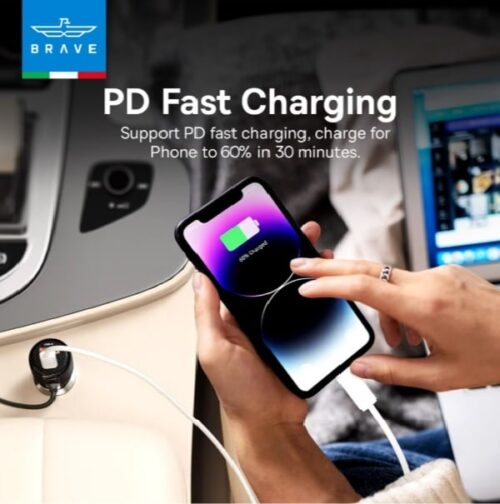 شاحن سيارة برايف سريع 110وات منفذين وكيبل مدمج أسود BRAVE 110W 2 Port Car Charger with Type-c cable