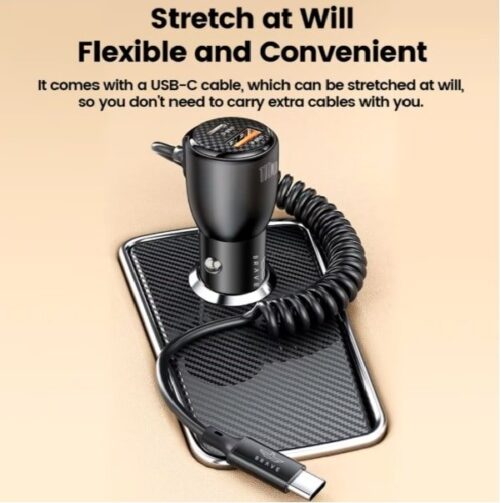 شاحن سيارة برايف سريع 110وات منفذين وكيبل مدمج أسود BRAVE 110W 2 Port Car Charger with Type-c cable