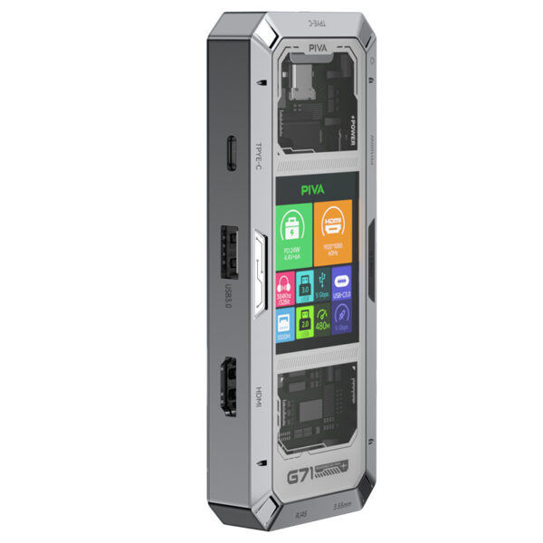 He470fe2064de44988dd8d2b84a4421ff8 أدبتر بيفا G71 7×1 متعدد المنافذ PIVA G71 7-in-1 Docking Station – شحن سريع PD100W + HDMI 4K 60Hz + RJ45 + USB 3.0